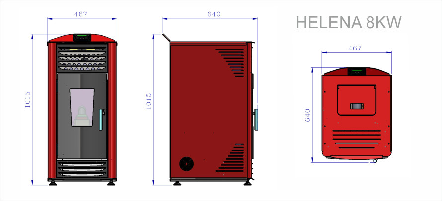 Διαστάσεις Σόμπα πελλετ αερόθερμη 8kw